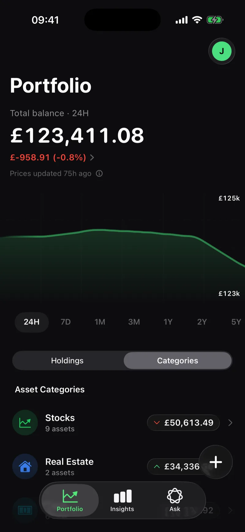 Netaro categories view with real estate, stocks, cash and more
