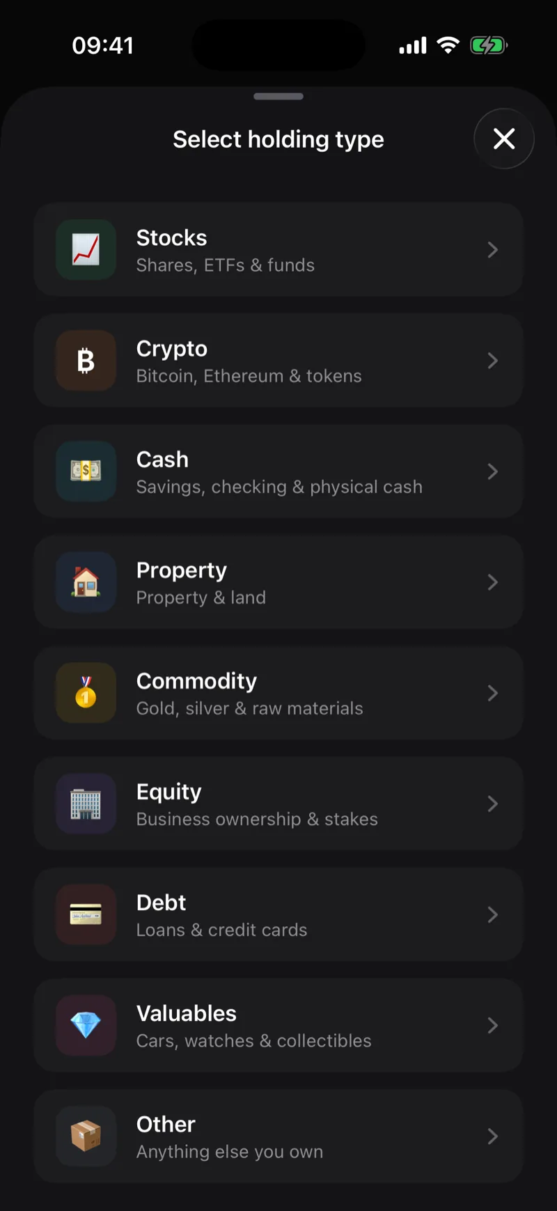 Netaro add-holding screen with stocks, crypto, cash, property and more