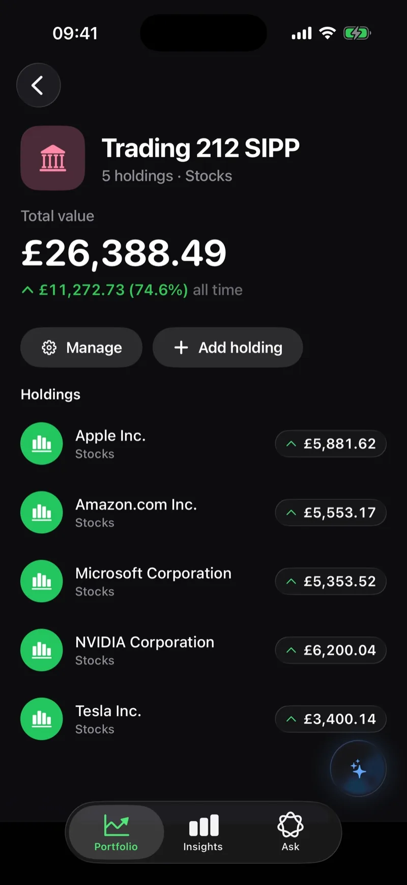 The account populated with the five imported holdings
