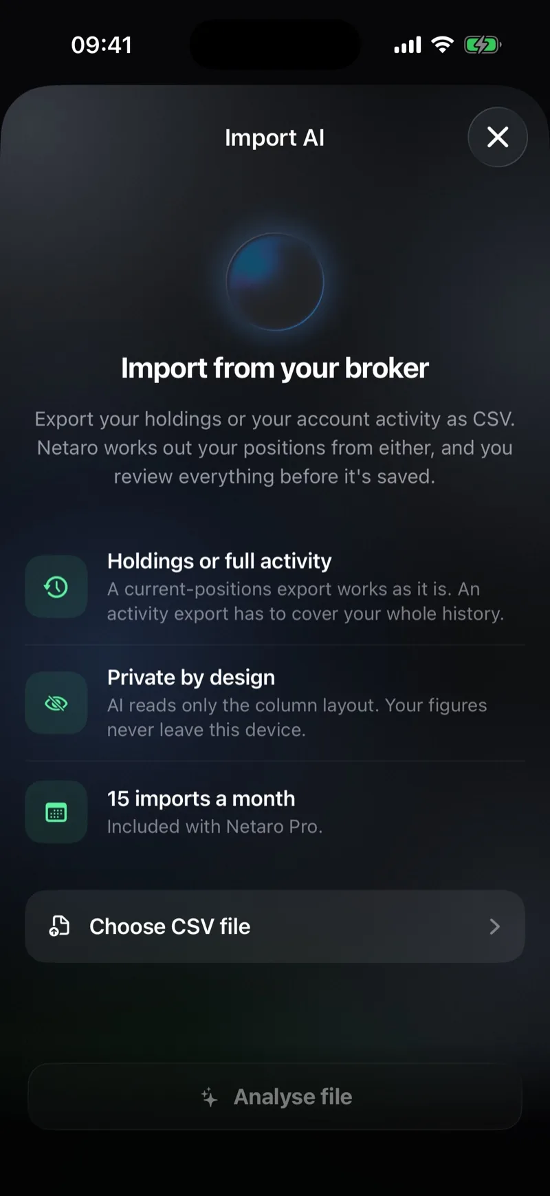 Netaro Import AI intro screen explaining the broker CSV import