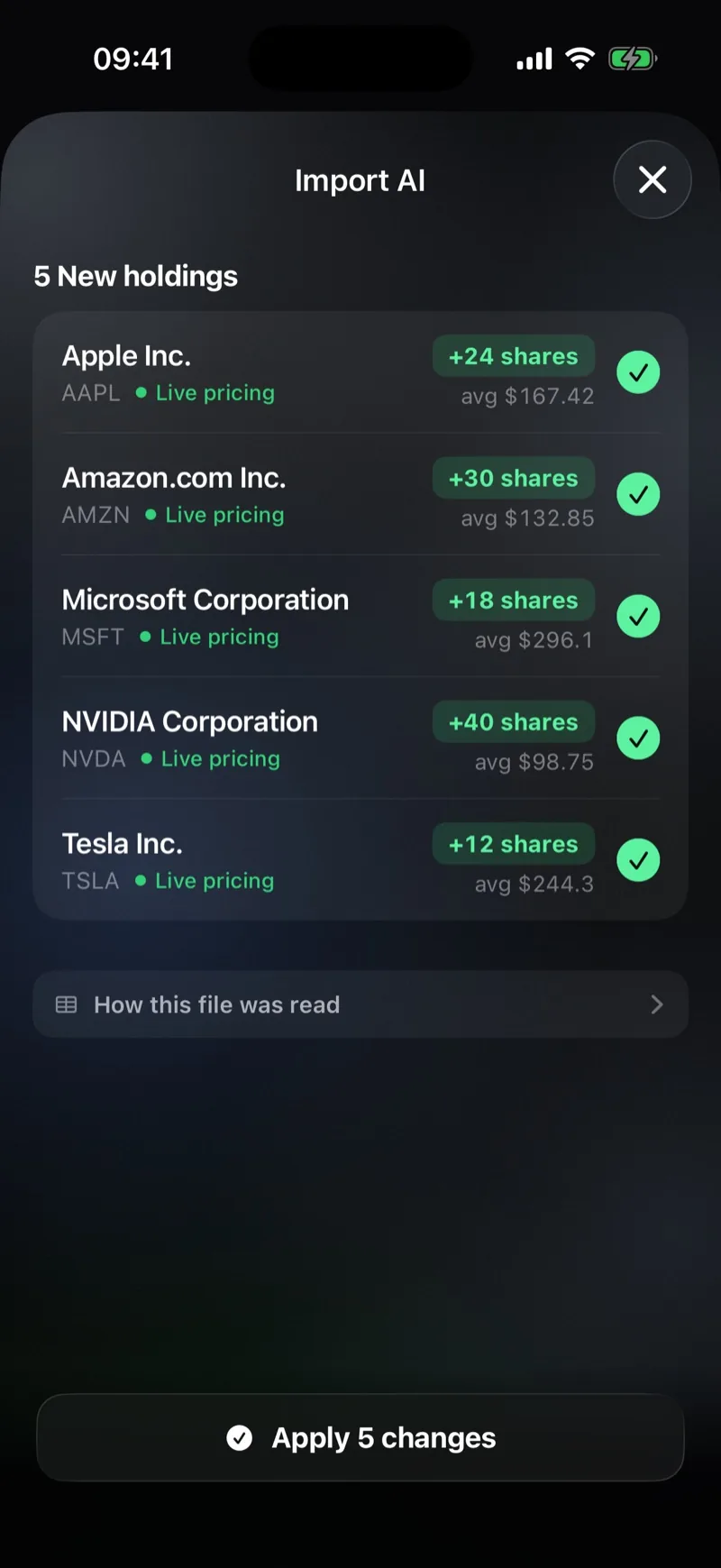Review screen listing five new holdings with live pricing