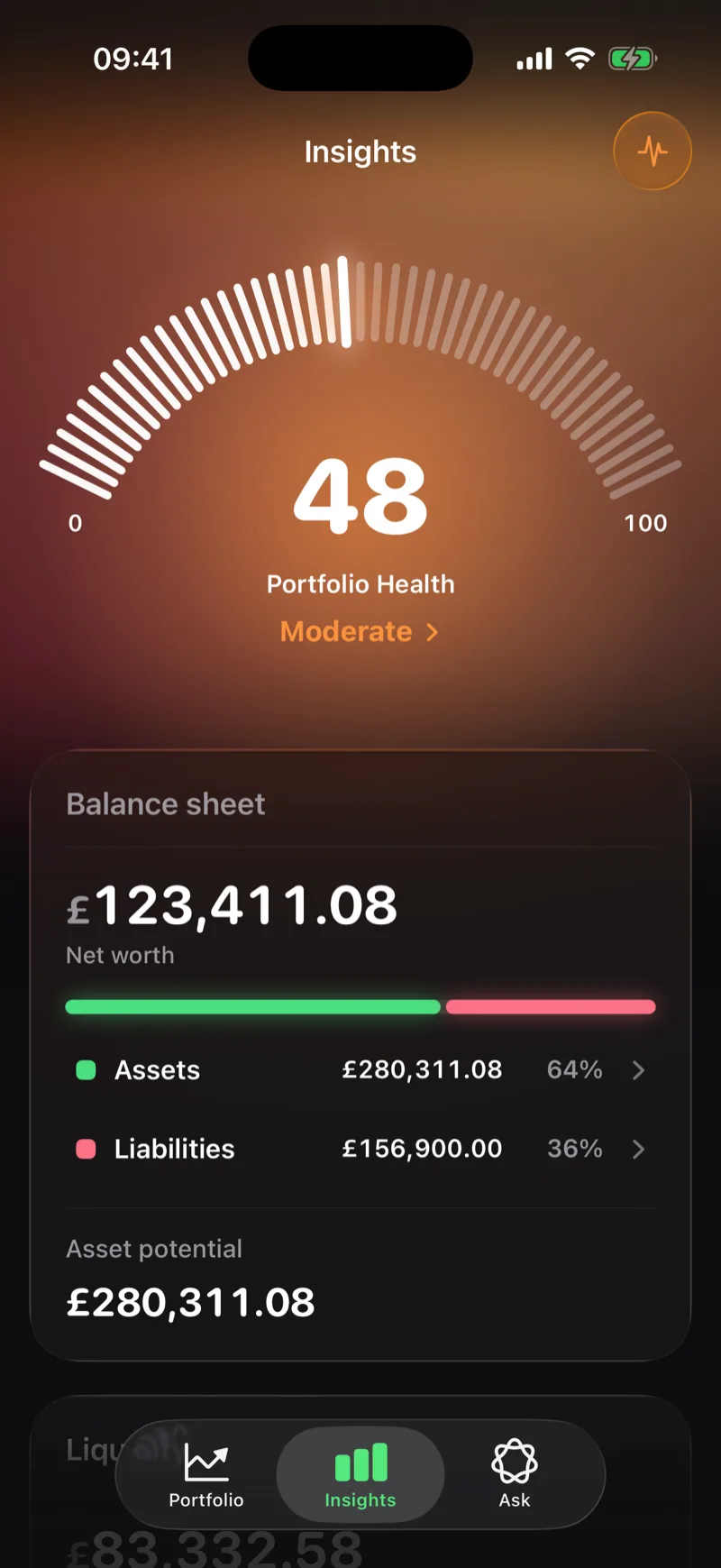 Netaro insights screen with a portfolio health score and balance sheet